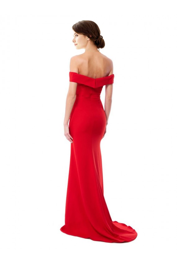 Off the Shoulder Chapel Train Formal Crepe Bridesmaid Dress / Prom Dress with Thigh-High Slit