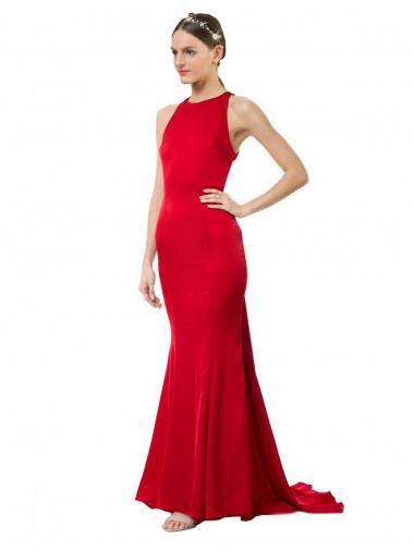 Shop High Neck Mermaid Open Back Formal Crepe Maxi Bridesmaid Dress / Prom Dress with Train Detail Montreal