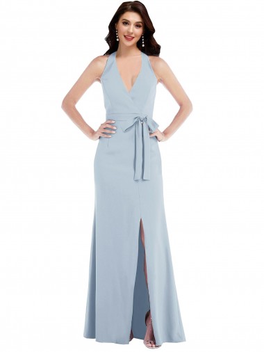 Shop Open Back Halter Maxi Formal Crepe Bridesmaid Dress / Prom Dress with Draped Bow Montreal