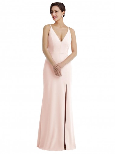 Shop Skinny Strap Deep V-Neck Trumpet Formal Crepe Bridesmaid Dress / Prom Dress with Front Slit Montreal