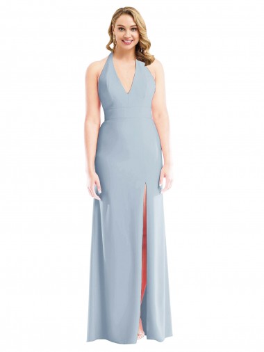 Shop Plunge Neck Halter Backless Trumpet Bridesmaid Dress / Prom Dress with Front Slit Montreal