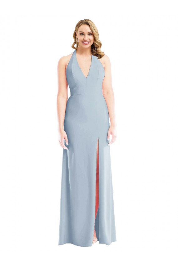 Plunge Neck Halter Backless Trumpet Bridesmaid Dress / Prom Dress with Front Slit
