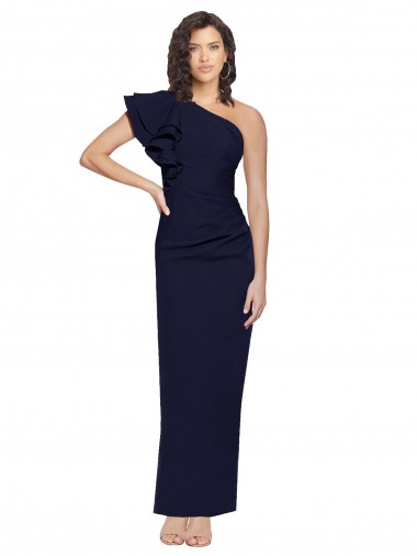 Shop Ruched Floor Length Long Formal Crepe Bridesmaid Dress / Prom Dress with Shoulder Ruffles Montreal