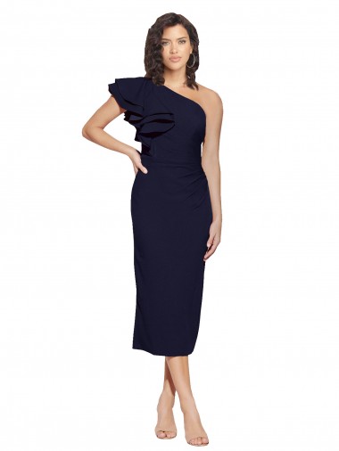 Shop Ruched Midi Length Short Cocktail Formal Crepe Bridesmaid Dress / Prom Dress with Shoulder Ruffles Montreal