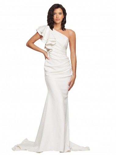 Shop Ruched Long Sweep Train Crepe Bridesmaid Dress / Prom Dress with Shoulder Ruffles Montreal