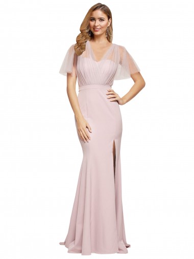 Shop Crepe Long Sweetheart Neckline Formal Bridesmaid Dress / Prom Dress with Tulle Overlay Shoulders Montreal