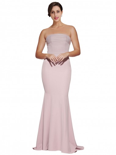 Shop Straight Neck Long Strapless Formal Crepe Bridesmaid Dress / Prom Dress with Soft Tulle Overlay and Small Train Montreal