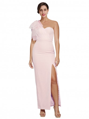 Shop One Shoulder Tulle Overlay Sweetheart Neckline Long Formal Crepe Bridesmaid Drss with Thigh Split Montreal