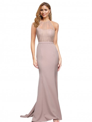 Shop Long Sweetheart Formal Crepe Bridesmaid Dress / Prom Dress with High Neck Illusion Tulle Details Montreal