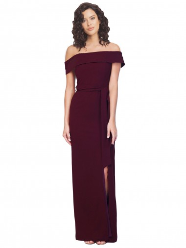 Shop Fitted Full Length Off the Shoulder Formal Crepe Bridesmaid Dress / Prom Dress with Side Split and Waist Tie Montreal