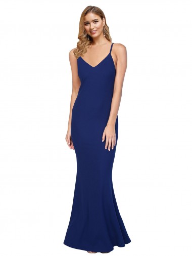 Shop Full Length V-Neckline Formal Crepe Bridesmaid Dress / Prom Dress with Thin Straps and Fulted Skirt Montreal