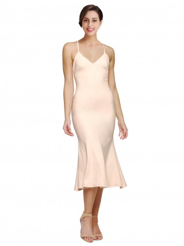 Shop Midi Cocktail Length V-Neckline Crepe Bridesmaid Dress / Prom Dress with Thin Straps and Fulted Skirt Montreal