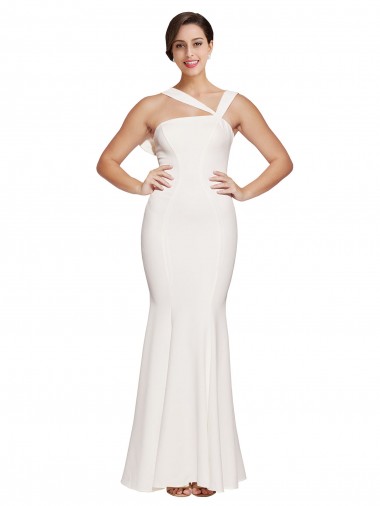Shop Full Length Square Neck Formal Crepe Bridesmaid Dress / Prom Dress with Asymmetrical Straps and Bow Back Montreal