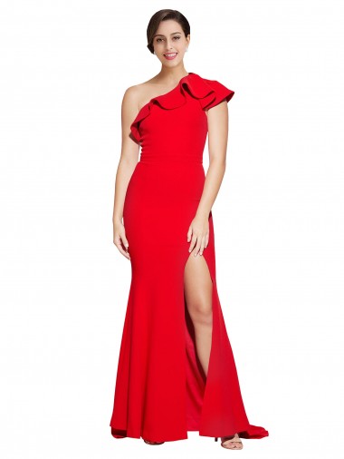 Shop One Shoulder Long Sweep Train Crepe Bridesmaid Dress / Prom Dress with Thigh High Split Montreal