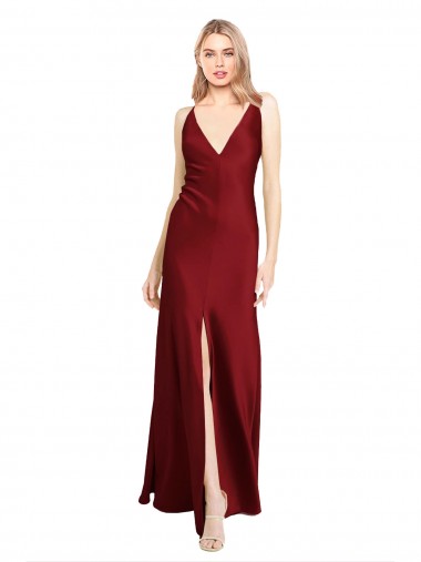 Shop Floor Length Deep V-Back Formal Stretch Satin Bridesmaid Dress / Prom Dress with Front Slit Montreal