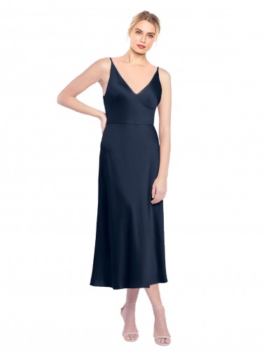 Shop V-Neck Midi Length Short Cocktail Formal Stretch Satin Bridesmaid Dress / Prom Dress V-Back Montreal