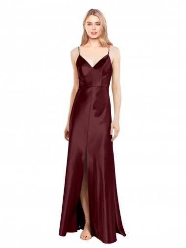 Shop Sleek Spaghetti Straps V-Neck Formal Stretch Satin Bridesmaid Dress / Prom Dress with Center Front Slit Montreal