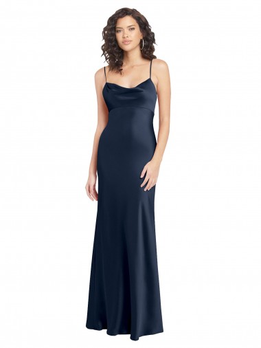 Shop Cowl Neck Long Empire Waist Formal Stretch Satin Bridesmaid Dress with Open Back Montreal