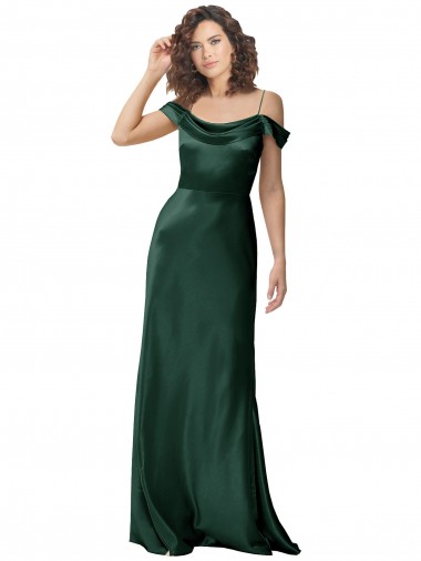 Shop Off the Shoulder Sleeves Long Formal Stretch Satin Bridesmaid Dress / Prom Dress with Pleated Draped Neckline Montreal
