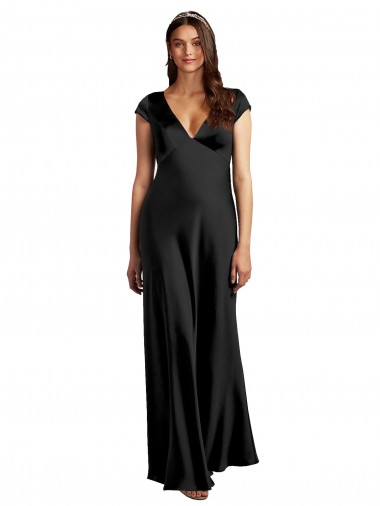 Shop Plunging V-Neck Cap Cleeves Long Formal Stretch Satin Bridesmaid Dress / Prom Dress with Keyhole Back Montreal