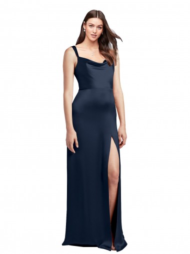 Shop Cowl Neck Soft Long Formal Stretch Satin Bridesmaid Dress / Prom Dress with Side Slit and Pleated Straps Montreal