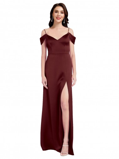 Shop Draped Off the Shoulder Sleeves Slim A-Line Formal Stretch Satin Bridesmaid Dress / Prom Dress with Side Slit Montreal