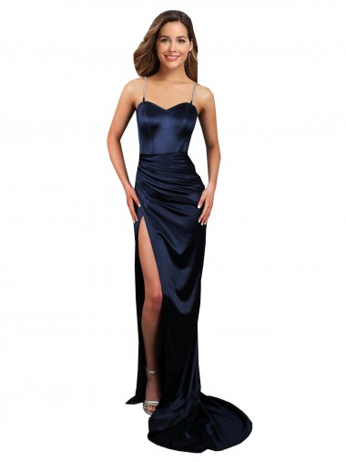 Shop Pleated Sash Skirt Long Formal Stretch Satin Bridesmaid Dress / Prom Dress with High Slit Montreal