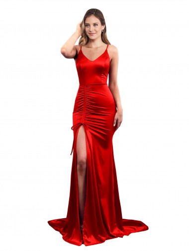 Shop Long Pleated Formal Stretch Satin Bridesmaid Dress / Prom Dress with High Slit Montreal