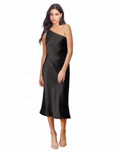Shop Sleek One Shoulder Midi Length Short Cocktail Formal Stretch Satin Slip Bridesmaid Dress / Prom Dress Montreal