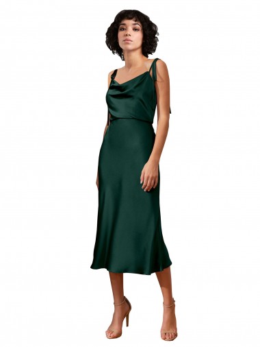 Shop Spaghetti Straps Tie Shoulders Cowl Neck Short Midi Length Formal Stretch Satin Cocktail Bridesmaid Dress / Prom Dress Montreal