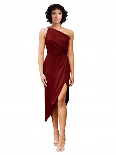 Shop One Shoulder Cocktail Midi Length Short Formal Stretch Satin Wrap Style Bridesmaid Dress / Prom Dress Montreal