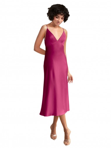 Shop Midi Length V-Neck Short Formal Stretch Satin Bridesmaid Dress / Cocktail Prom Dress with Low Scoop Back Montreal