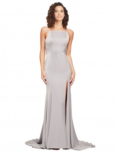 Shop High Neck Low Back Long Full Length Formal Stretch Satin Bridesmaid Dress / Prom Dress Montreal
