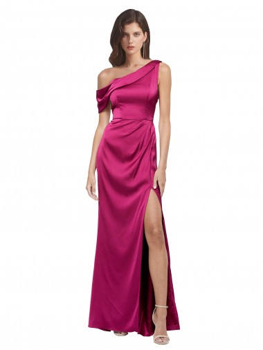 Shop Off the Shoulder Short Sleeves Formal Stretch Satin Bridesmaid Dress / Prom Dress with Side Slit Montreal