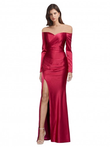 Shop Long Sleeves Off the Shoulder Formal Stretch Satin Bridesmaid Dress / Prom Dress with High Side Split Montreal