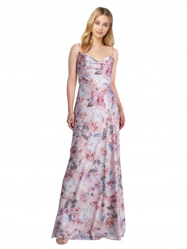 Shop Draped Cowl Neck Long Printed Formal Stretch Satin Bridesmaid Dress Montreal