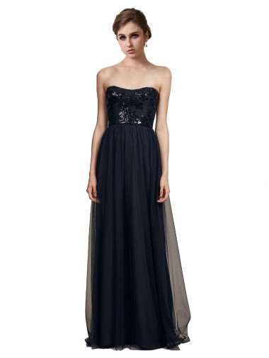 Shop Strapless Sequined Lace Long Bridesmaid Dress with Pleats Montreal