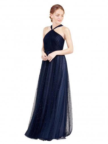 Shop Floor Length Long Halter Pleated Tulle Bridesmaid Dress Montreal