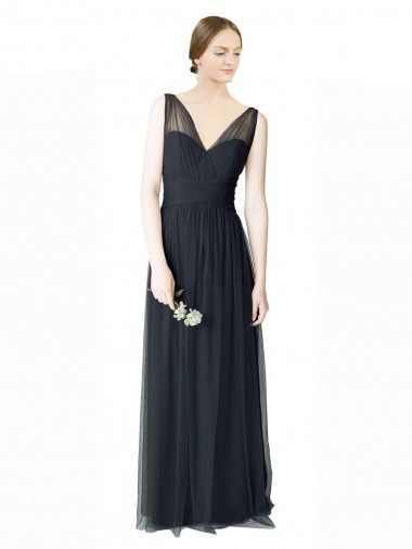 Shop Long Tulle Bridesmaid Dress with Illusion Shoulder Straps and V-Back Montreal