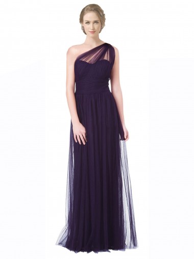 Shop One Shoulder Long Tulle Bridesmaid Gown with Sheer Netting Strap Montreal