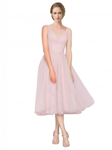 Shop Short Tea Length Wide Strap Plunge Cross Over Neckline Tulle Cocktail Bridesmaid Dress Montreal