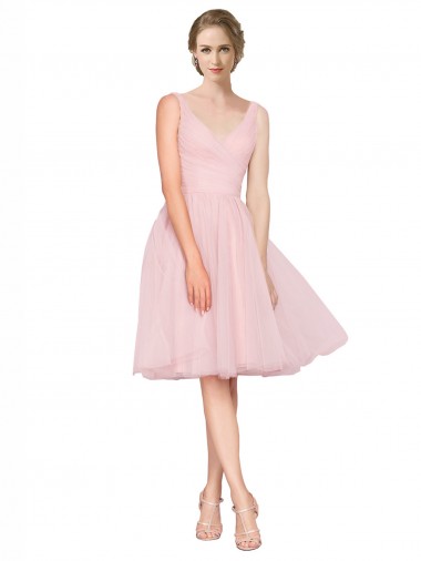 Shop Short Knee Length Wide Strap Plunge Cross Over Neckline Tulle Cocktail Bridesmaid Dress Montreal