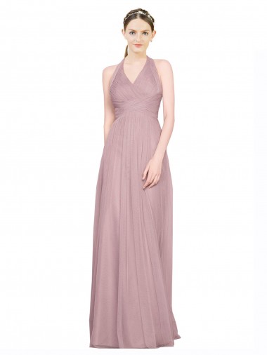 Shop Ruffled Halter V-Neck Long Tulle Bridesmaid Dress with Pleats Montreal