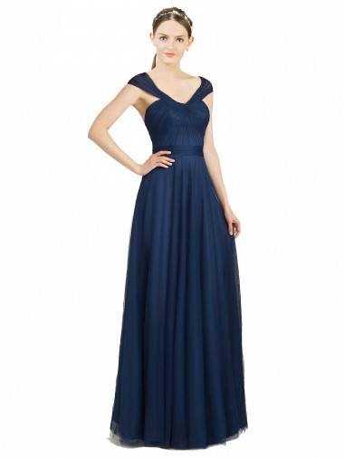 Shop Ruched Sweetheart Long A-Line Tulle Bridesmaid Dress with Wide Straps and Tie Back Montreal