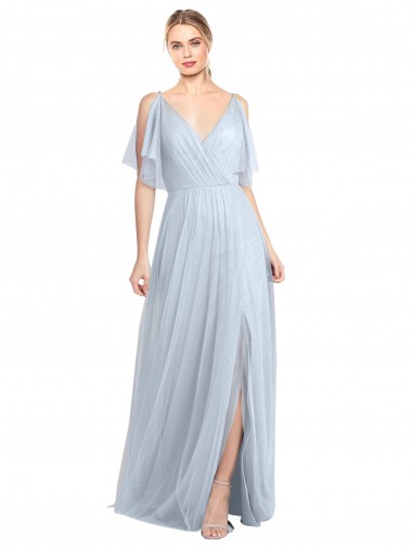 Shop Floor Length Flutter Sleeves Long Tulle Bridesmaid Dress with Side Slit Montreal