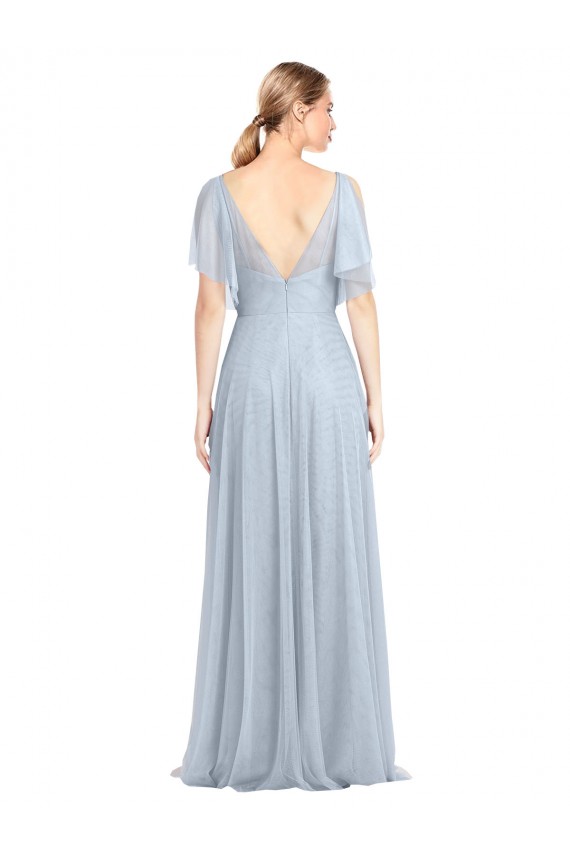 Floor Length Flutter Sleeves Long Tulle Bridesmaid Dress with Side Slit