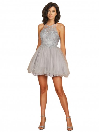 Shop Halter Neckline Criss Cross Back Short Cocktail Dress with Beaded Lace Bodice Montreal