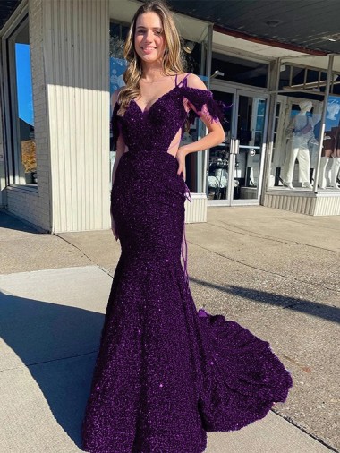 Shop Cold Shoulder Sleeveless Long Court Train Velvet Sequin Prom Dress Montreal