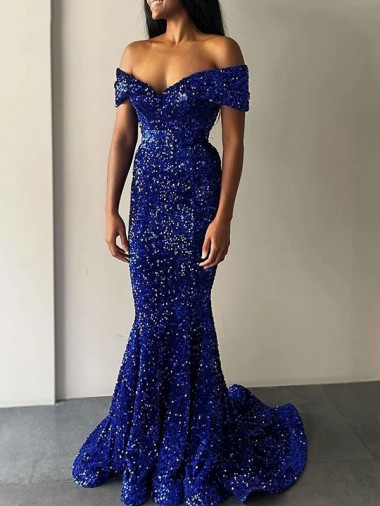 Shop Mermaid Off the Shoulder Sleeveless Long Sweep Train Velvet Sequin Prom Dress Montreal