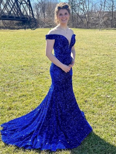 Shop Off the Shoulder Sleeveless Long Sweep Train Velvet Sequin Prom Dress Montreal
